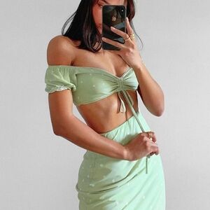 Princess Polly Polka Dot Off-Shoulder Crop Top | Size 4 | Light Green Tie Front